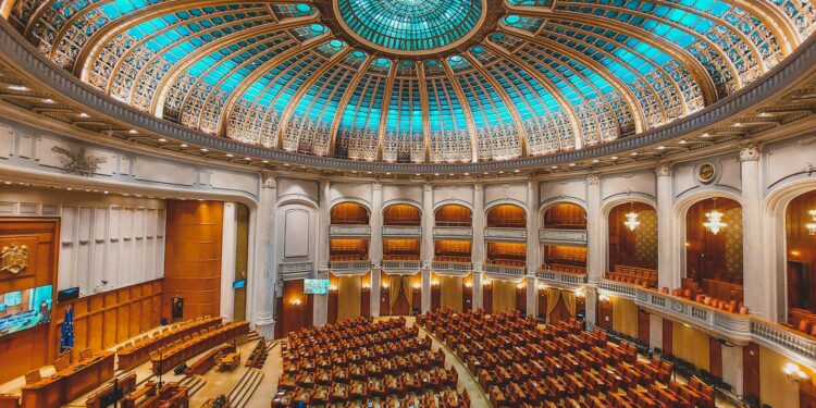 the interior of a large building with a dome