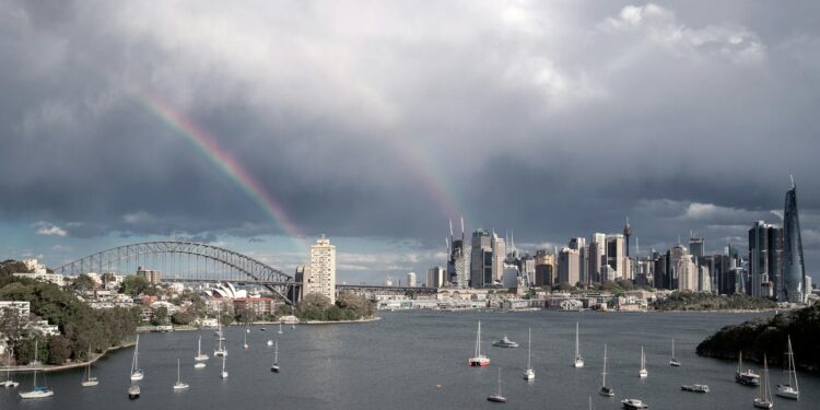 drone shot of sydney under a gloomy sky