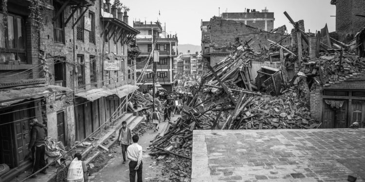wrecked buildings in a neighborhood
